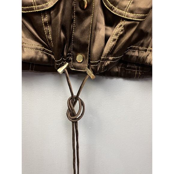 Cache Silk Jacket Womens XS Brown Gold button Metallic Shimmer Pockets Y2K - Picture 7 of 7
